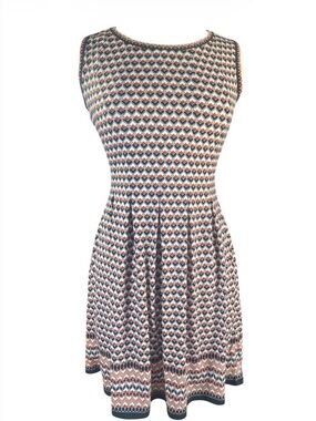 Sleeveless Geometric Print Fit & Flare Dress in Navy and Coral